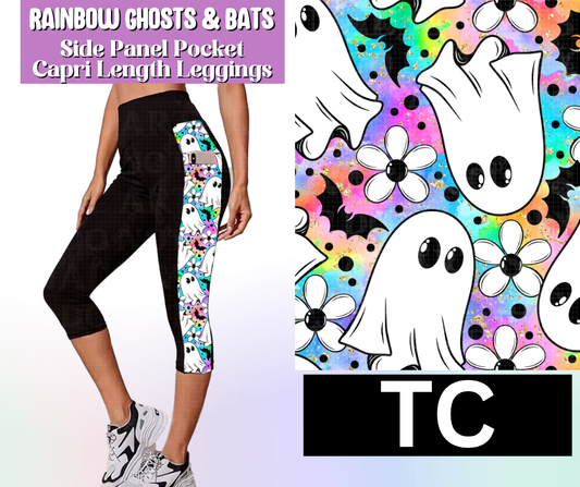Rainbow Ghosts & Bats Side Panel Pocket Capri Length Leggings