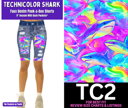 Technicolor Shark Faux Denim Peekaboo Jamaica Shorts