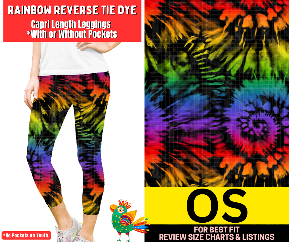 Rainbow Reverse Tie Dye Capri Length Leggings w/ Pockets