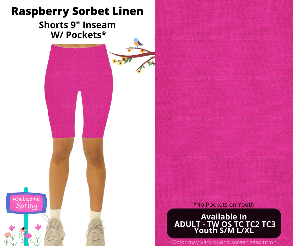 Preorder! Closes 1/8. ETA April. Raspberry Sorbet Linen 9" Inseam Shorts w/wo Pockets