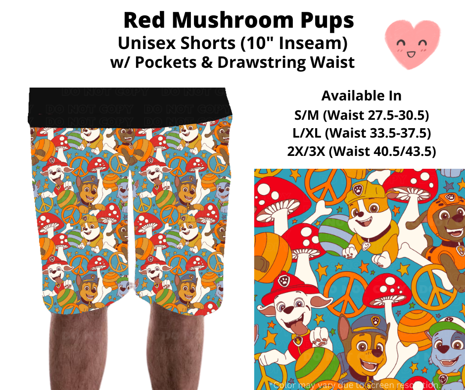 Preorder! Closes 3/3. ETA June. Red Mushroom Pups Unisex Shorts