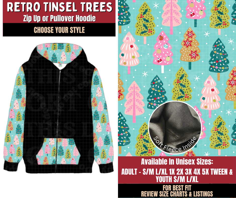 Preorder! Closes 9/7. ETA Dec. Retro Tinsel Trees Zip-Up or Pullover Hoodie
