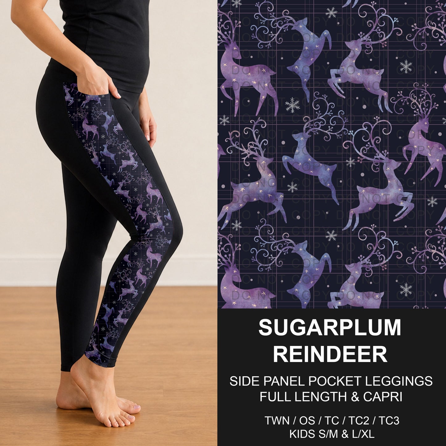 B312 - Preorder Sugarplum Reindeer Side Panel Pocket Leggings (Closes 9/13. ETA: mid Nov.)