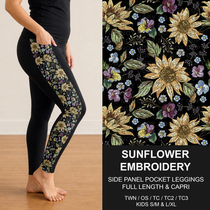 B316 - Preorder Sunflower Embroidery Side Panel Pocket Leggings (Closes 10/11. ETA: mid Dec.)
