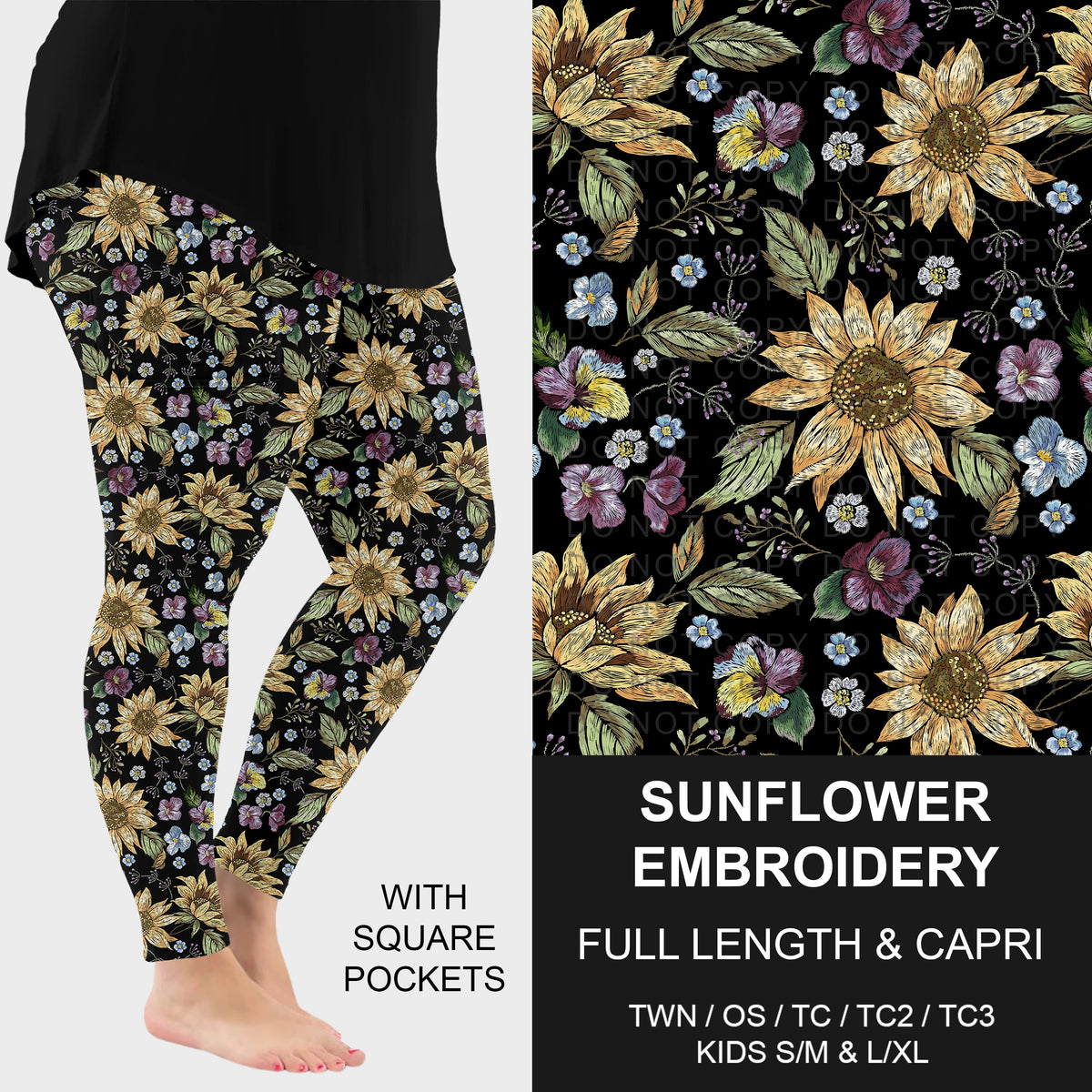 B316 - Preorder Sunflower Embroidery Leggings w/ Pockets (Closes 10/11. ETA: mid Dec.)