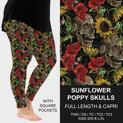 B296 - Preorder Sunflower Poppy Skulls Leggings w/ Pockets (Closes 6/21. ETA: late Aug.)