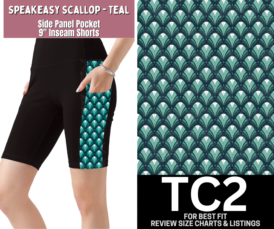Speakeasy Scallop - Teal Side Panel Pocket 9" Inseam Shorts