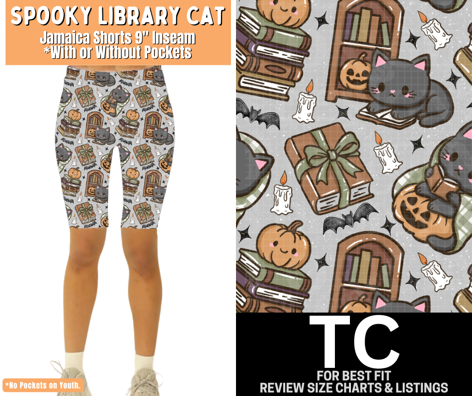 Spooky Library Cat Jamaica Shorts w/ Pockets