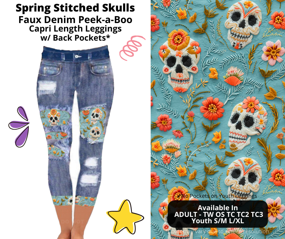 Preorder! Closes 3/5. ETA June. Spring Stitched Skulls Capri Faux Denim Peekaboo