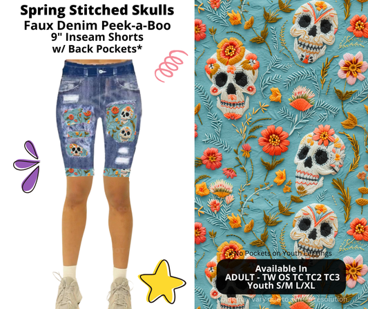 Preorder! Closes 3/5. ETA June. Spring Stitched Skulls Faux Denim Peekaboo Jamaica Shorts