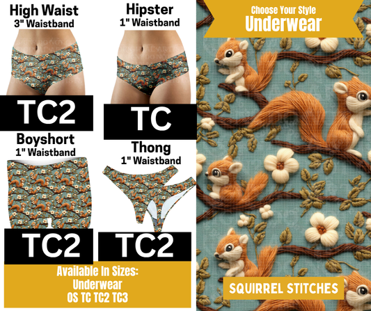 Squirrel Stitches Hipster, High Waist, Boyshort, & Thong Underwear