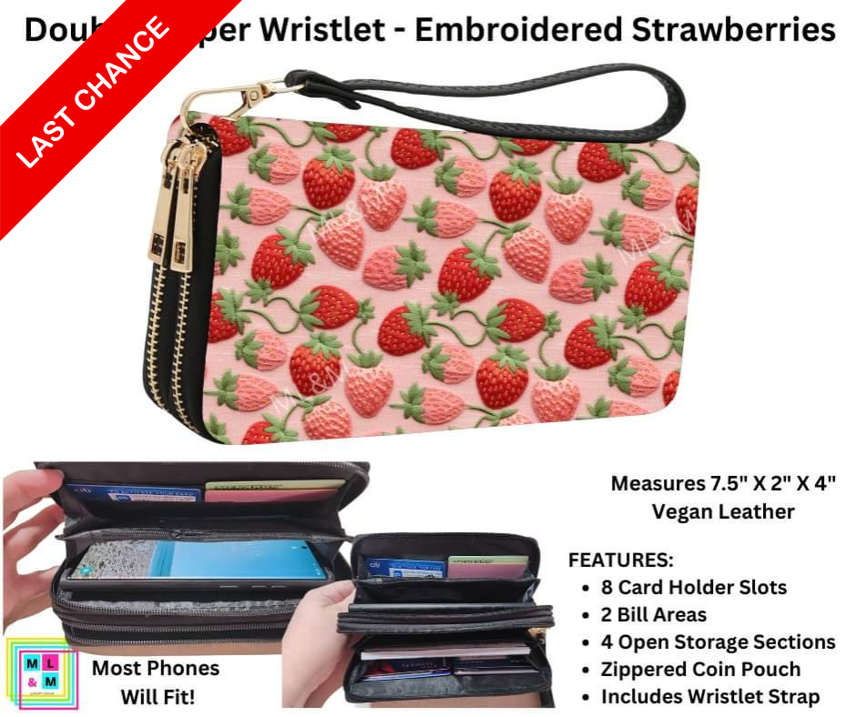 Embroidered Strawberries Double Zipper Wristlet