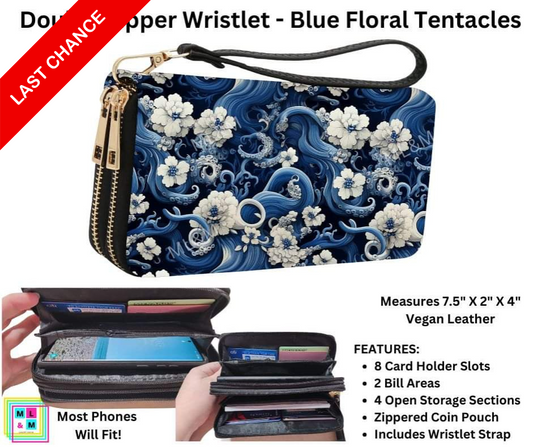 Blue Floral Tentacles Double Zipper Wristlet