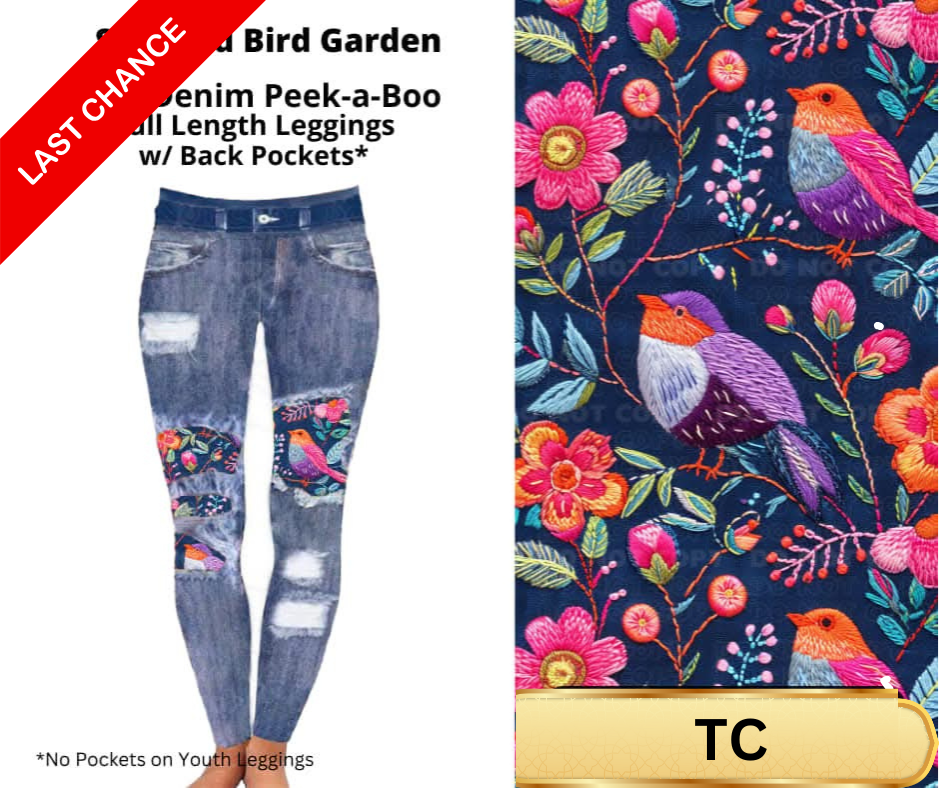 Stitched Bird Garden Faux Denim Full Length Peekaboo Leggings