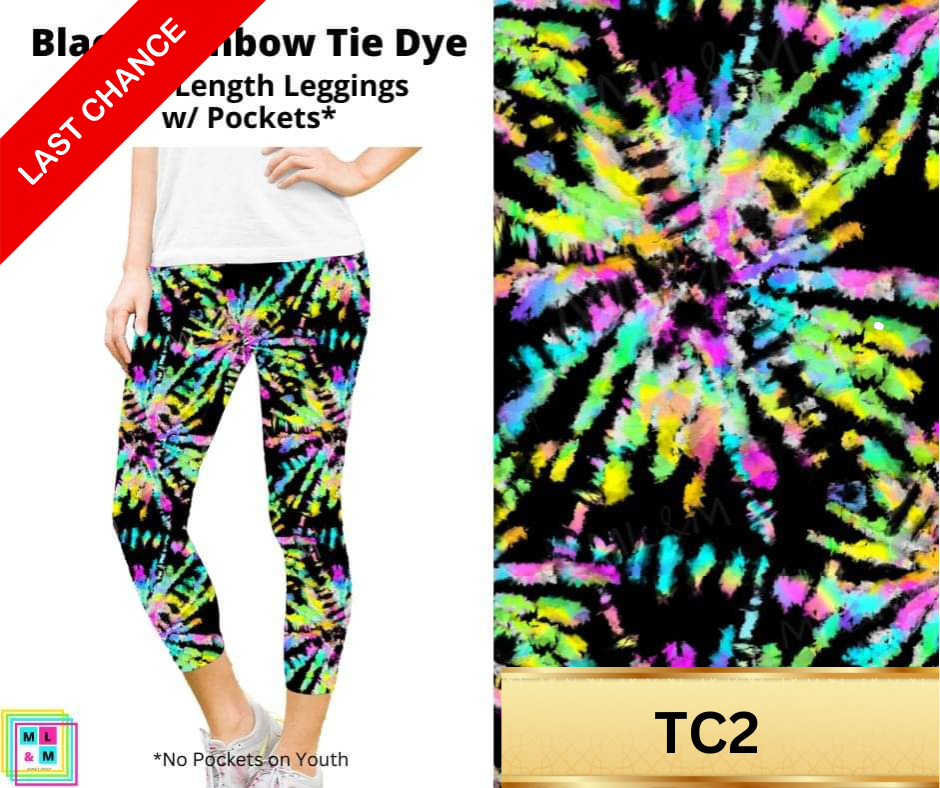 Black Rainbow Tie Dye Capri Length Leggings w/ Pockets