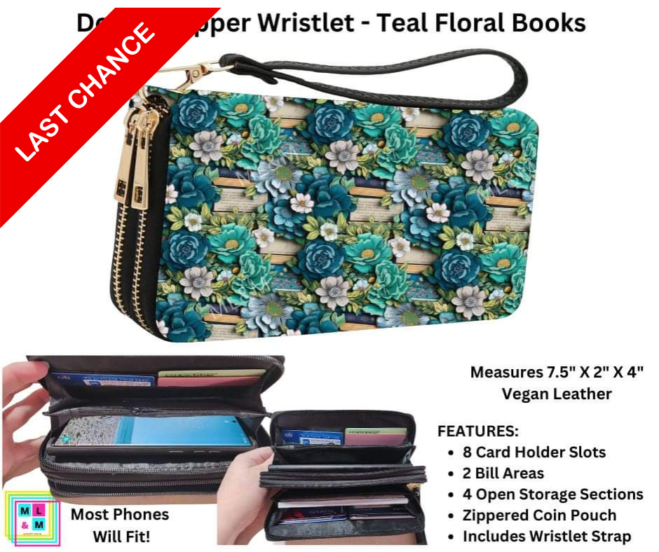 Teal Floral Books Double Zipper Wristlet