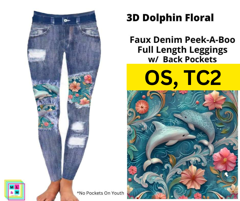 3D Dolphin Floral Faux Denim Full Length Peekaboo Leggings