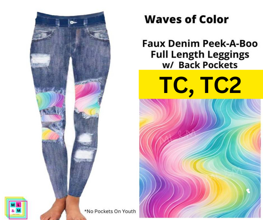 Waves of Color Faux Denim Full Length Peekaboo Leggings