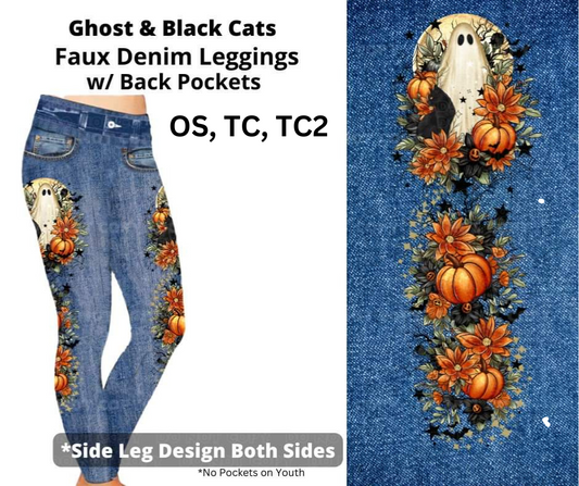 Ghost & Black Cats Full Length Faux Denim w/ Side Leg Designs