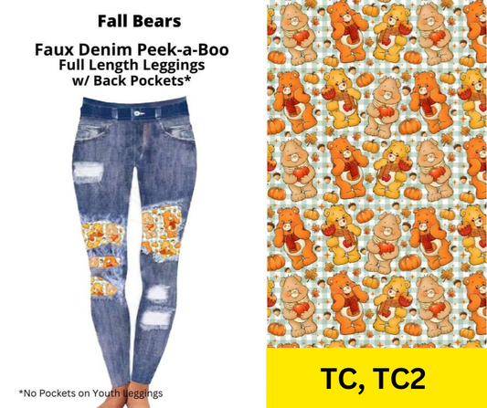 Fall Bears Faux Denim Full Length Peekaboo Leggings