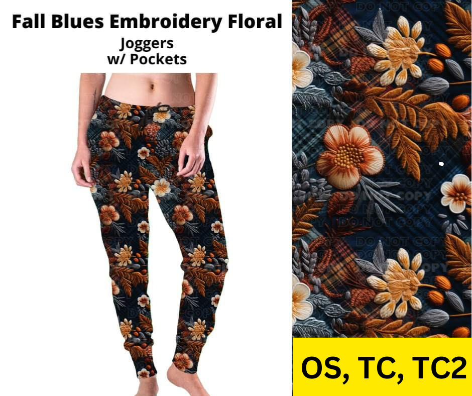 Fall Blues Embroidery Floral Joggers