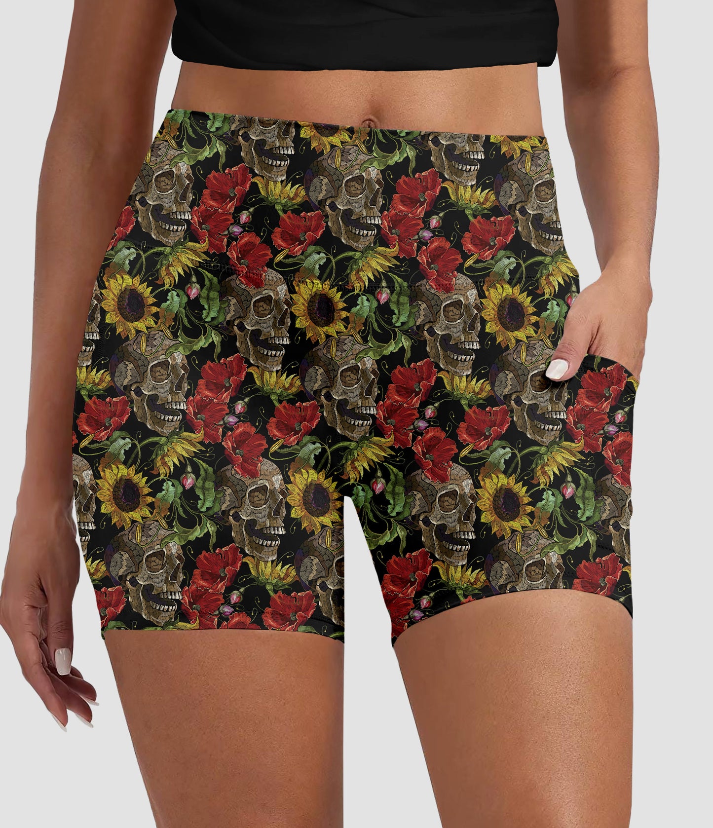 RTS - Sunflower Poppy Skulls Biker Shorts with Pockets