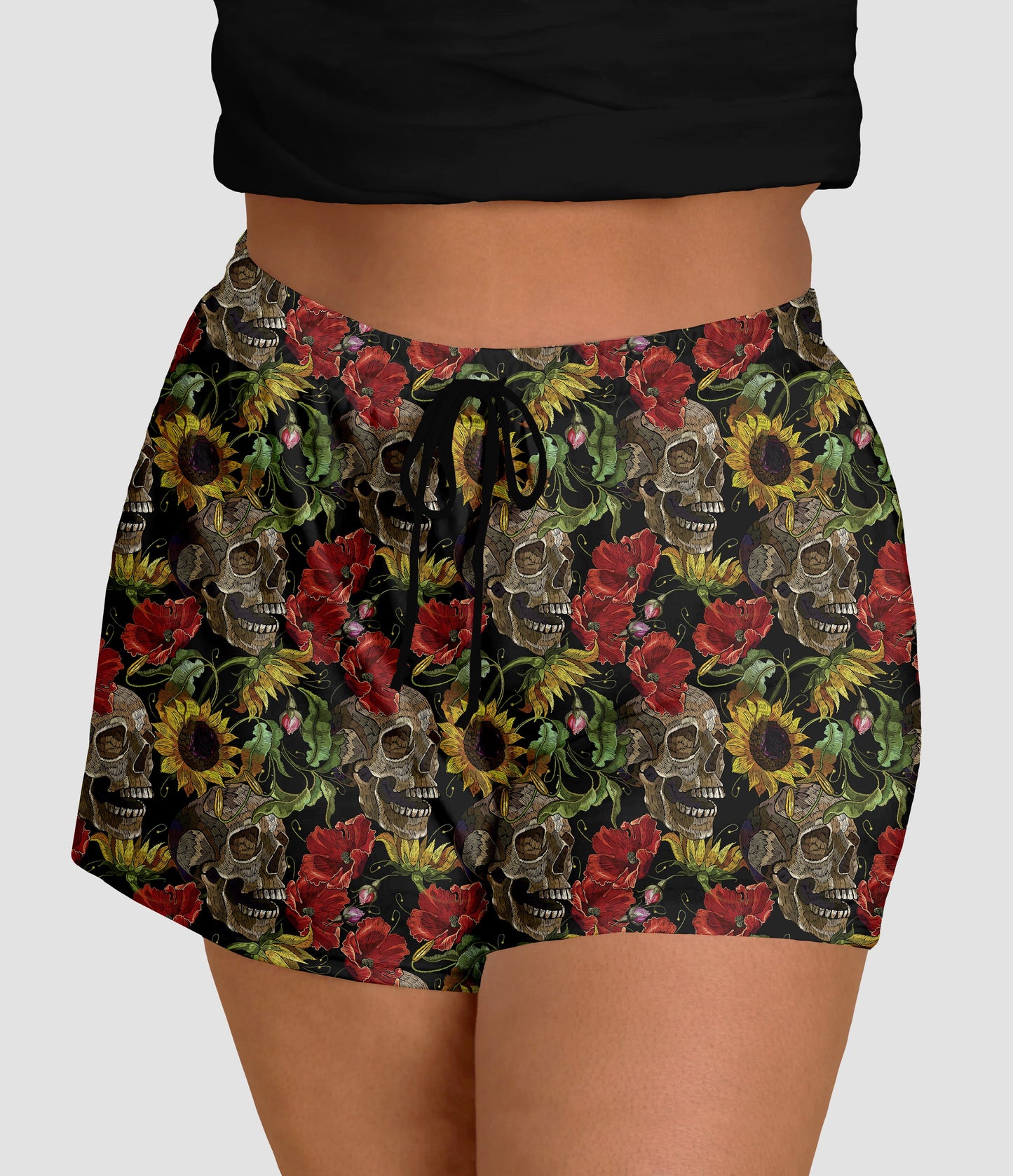 RTS - Sunflower Poppy Skulls Jogger Shorts with Pockets