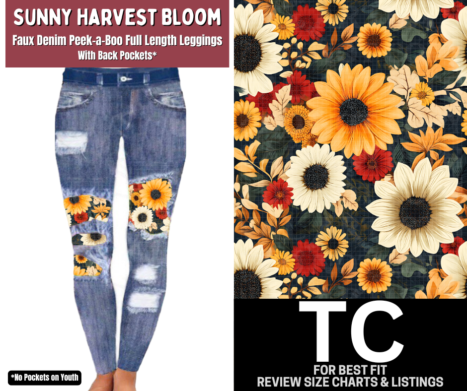 Sunny Harvest Bloom Faux Denim Full Length Peekaboo Leggings