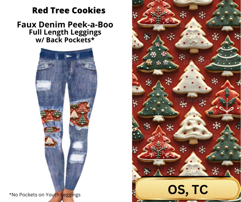 Red Tree Cookies Faux Denim Full Length Peekaboo Leggings