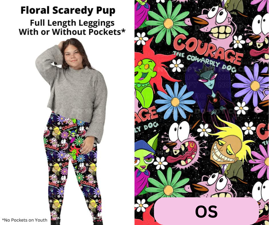 Floral Scaredy Pup Full Length Leggings w/ Pockets