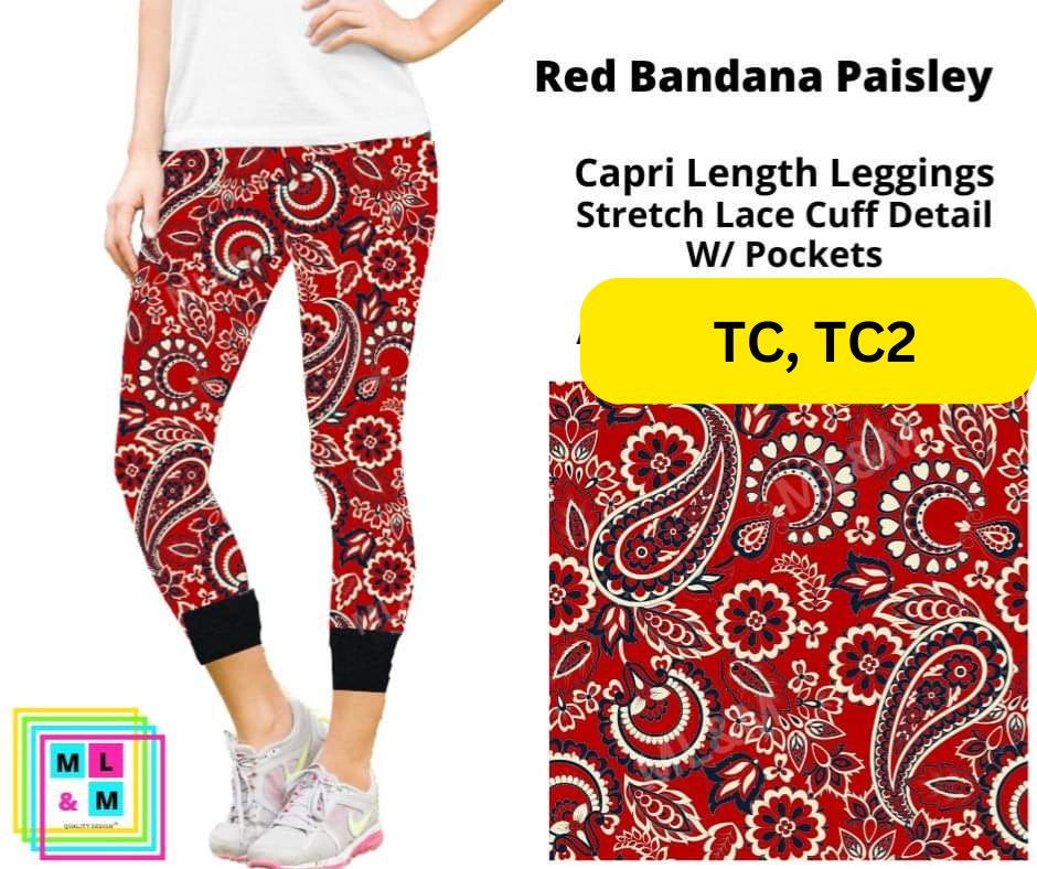 Red Bandana Paisley Lace Cuff Capris w/ Pockets