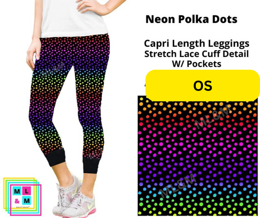 Neon Polka Dots Lace Cuff Capris w/ Pockets