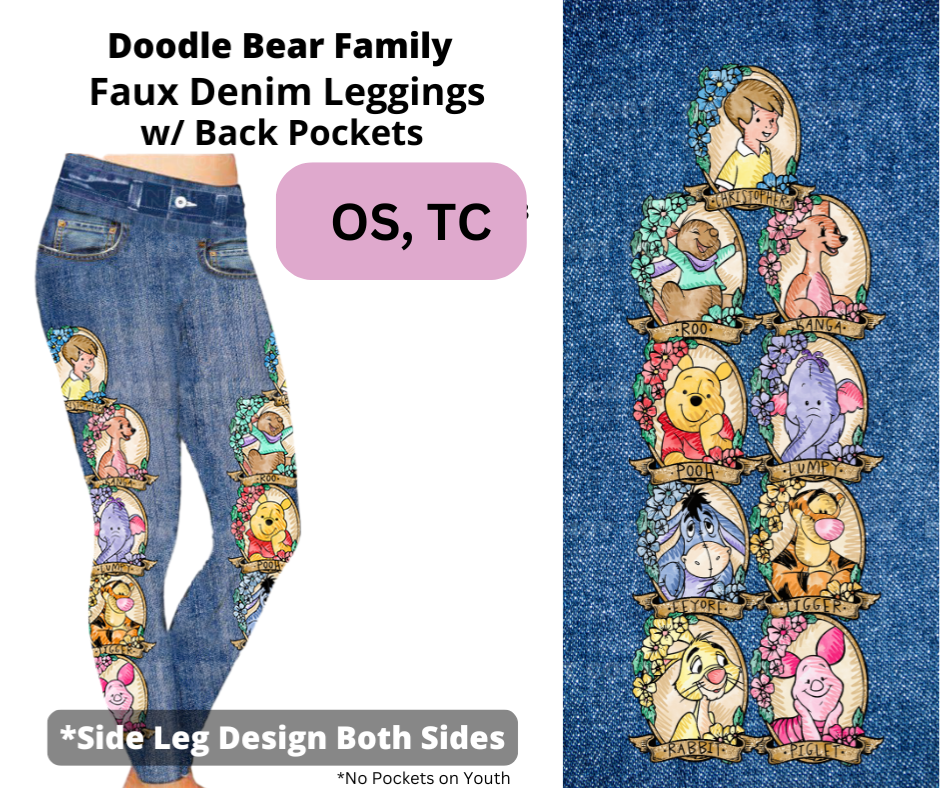 Doodle Bear Family Full Length Faux Denim w/ Side Leg Designs