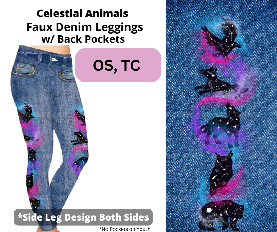 Celestial Animals Full Length Faux Denim w/ Side Leg Designs