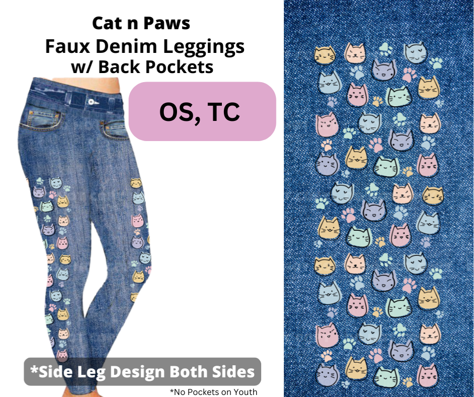 Cats n Paws Full Length Faux Denim w/ Side Leg Designs