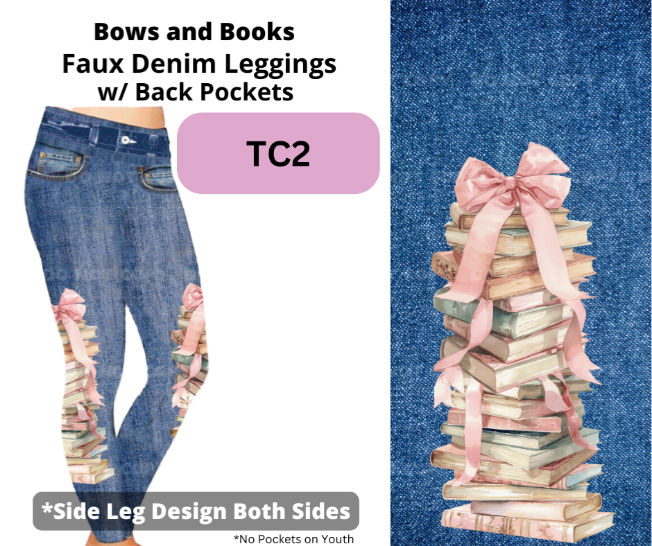 Bows and Books Full Length Faux Denim w/ Side Leg Designs