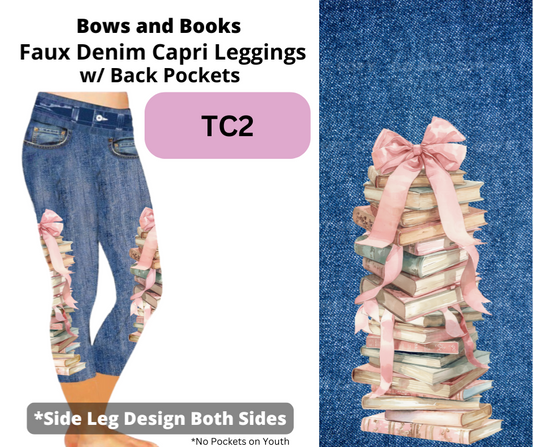 Bows and Books Capri Faux Denim w/ Side Leg Designs