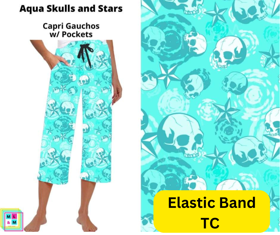 Aqua Skulls and Stars Capri Gauchos