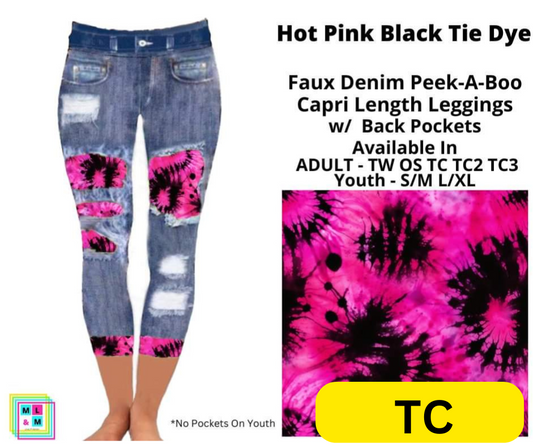 Hot Pink Black Tie Dye Faux Denim Peekaboo Capris