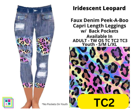 Iridescent Leopard Faux Denim Peekaboo Capris