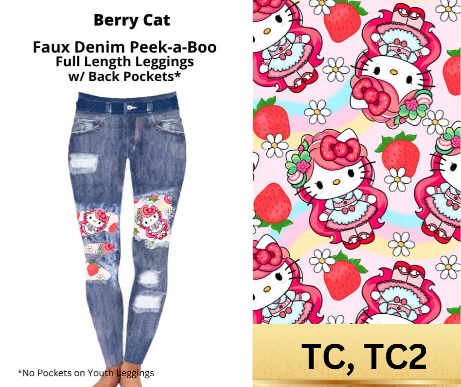 Berry Cat Faux Denim Full Length Peekaboo Leggings