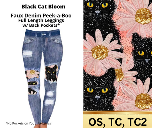 Black Cat Bloom Faux Denim Full Length Peekaboo Leggings