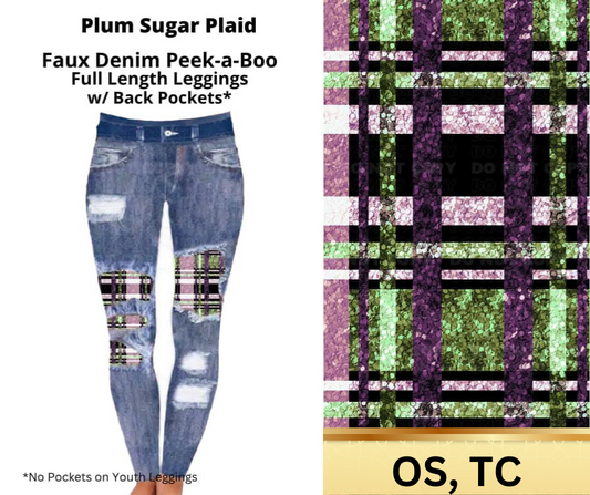 Plum Sugar Plaid Faux Denim Full Length Peekaboo Leggings