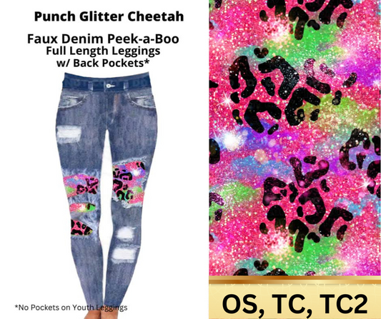 Punch Glitter Cheetah Faux Denim Full Length Peekaboo Leggings