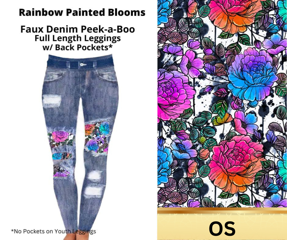 Rainbow Painted Blooms Faux Denim Full Length Peekaboo Leggings