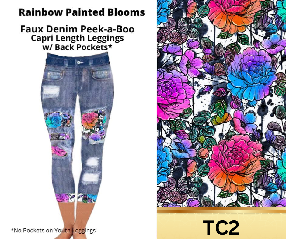 Rainbow Painted Blooms Capri Faux Denim Peekaboo