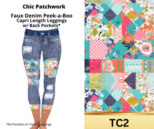 Chic Patchwork Capri Faux Denim Peekaboo