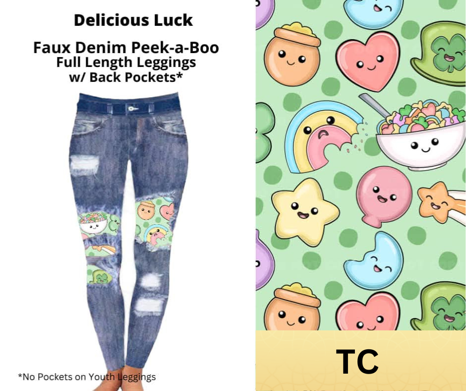 Delicious Luck Faux Denim Full Length Peekaboo Leggings