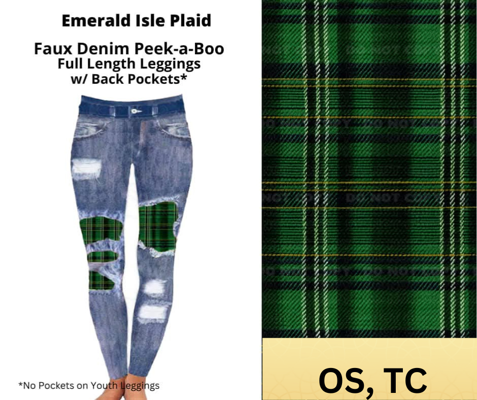 Emerald Isle Plaid Faux Denim Full Length Peekaboo Leggings