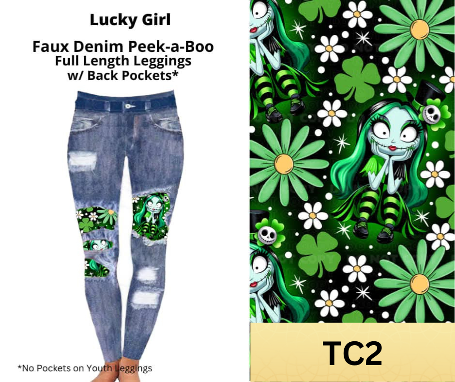 Lucky Girl Faux Denim Full Length Peekaboo Leggings